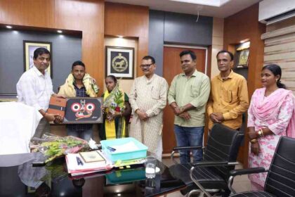 Shubham Sahu Jajpur Matric Topper 2026 honored with his mother by MP Dr. Rabindra Narayan Behera and Collector Ambar Kumar Kar
